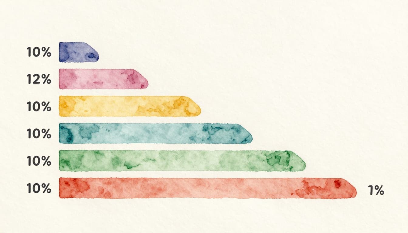 Simple watercolor illustration of progressive tax brackets as stacked colorful horizontal bars representing income portions, each labeled with rate percentages like 10% and 12%, on a plain background with soft blending and brush texture.