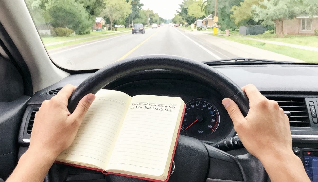 Watercolor illustration of a driver from behind on a suburban road, dashboard showing odometer, and mileage log notebook on passenger seat during a sunny day. Soft blending and brush texture emphasize the car interior and road ahead.