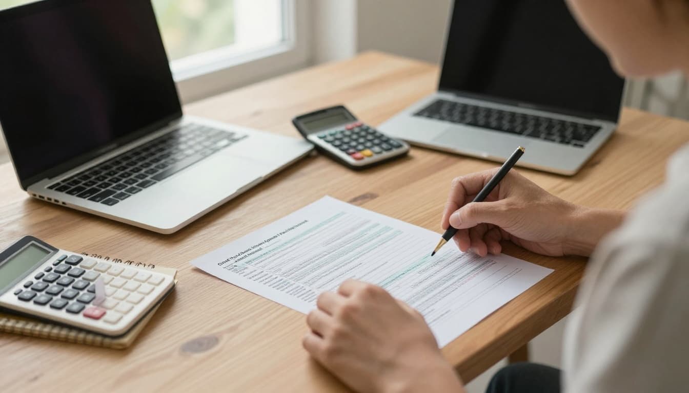Middle-aged adult in cozy home office reviewing printed tax threshold table and notepad with income calculations, calculator nearby, laptop closed, soft natural daylight, watercolor style.