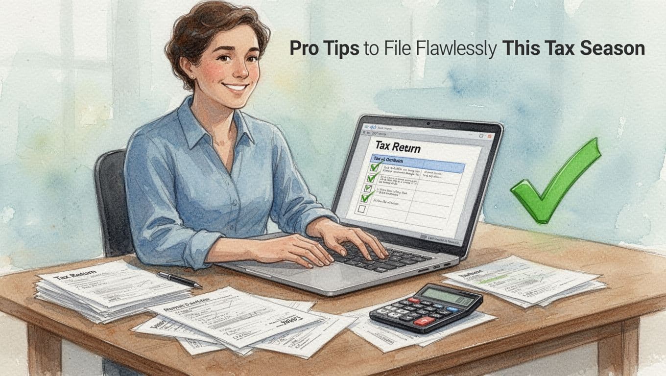 Watercolor style illustration of one adult confidently completing a tax return checklist on a laptop at a neat wooden desk with organized forms, calculator, and green checkmark, relaxed smile in soft natural light.