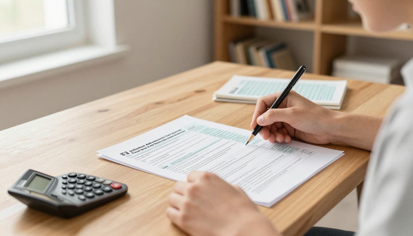 A person sits at a wooden desk in a cozy home office, reviewing printed tax forms and a calculator under soft natural light from a window, in watercolor style with soft blending and visible brush texture.