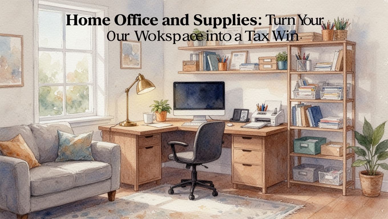 A cozy home office in a living room corner with desk, computer, lamp, organized shelves, and natural daylight from a window, rendered in watercolor style with soft blending and brush textures.
