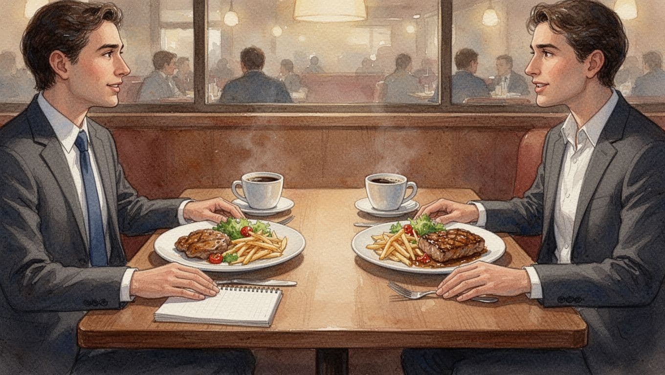 Two professionals converse across a restaurant table during a business lunch, featuring plates of food, coffee cups, and a notepad under warm indoor lighting, all in watercolor style with soft blending and brush textures.