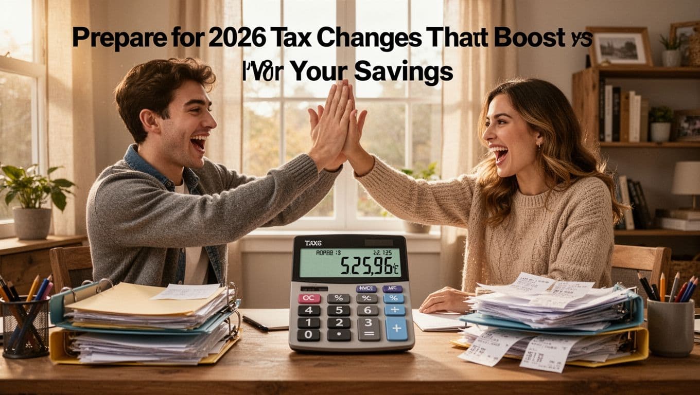Excited young couple in cozy home office high-fiving over tax calculator showing large savings, with organized folders and receipts nearby, warm natural light.