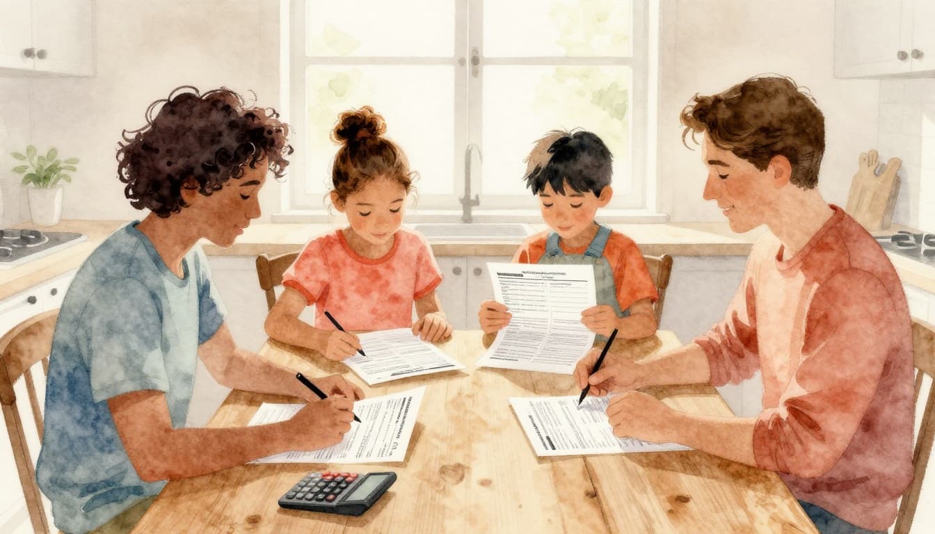 Watercolor illustration of a diverse family of four at a kitchen table reviewing printed tax forms and a calculator.