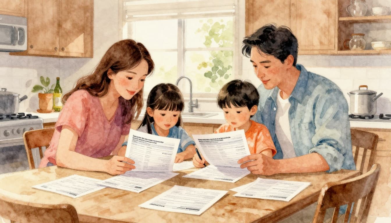 A family of four around a kitchen table in warm evening light, parents helping two children with homework while glancing at tax-related papers, watercolor style with soft blending and brush texture.
