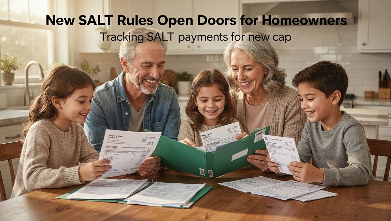 A smiling family of four—two adults and two kids—reviews property tax bills and state income tax receipts at their kitchen table, organizing them into a folder under soft morning light.