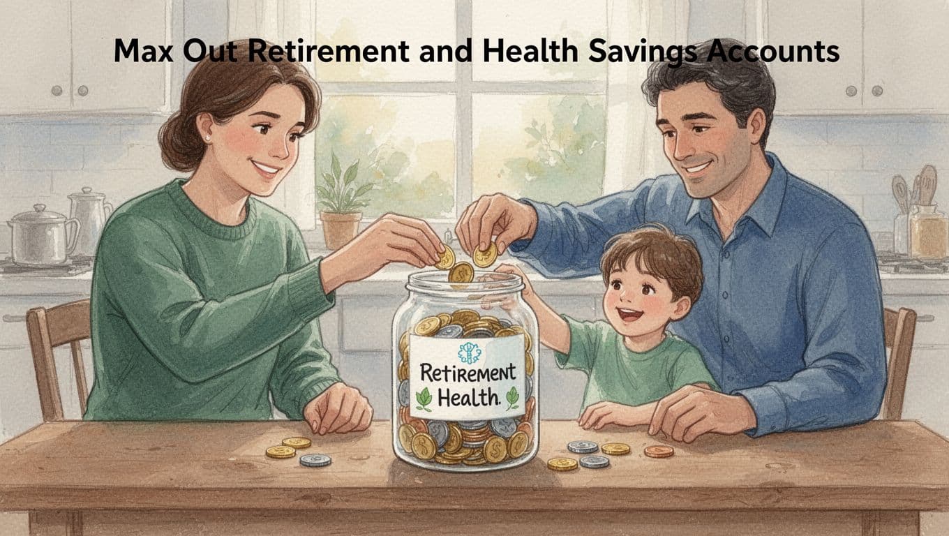 Cozy family kitchen scene with two parents and one child placing coins into a large savings jar for retirement and health on a simple wooden table with soft window light.