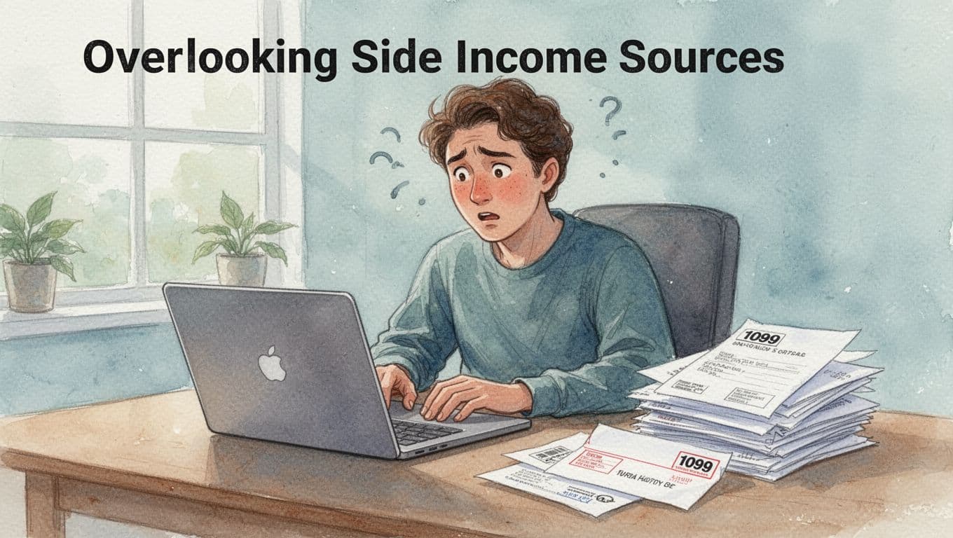 Watercolor style illustration of one adult freelancer at a home desk with an open laptop, confused expression while ignoring a stack of mail including a 1099 envelope, soft blending, brush textures, pale blue-green background.