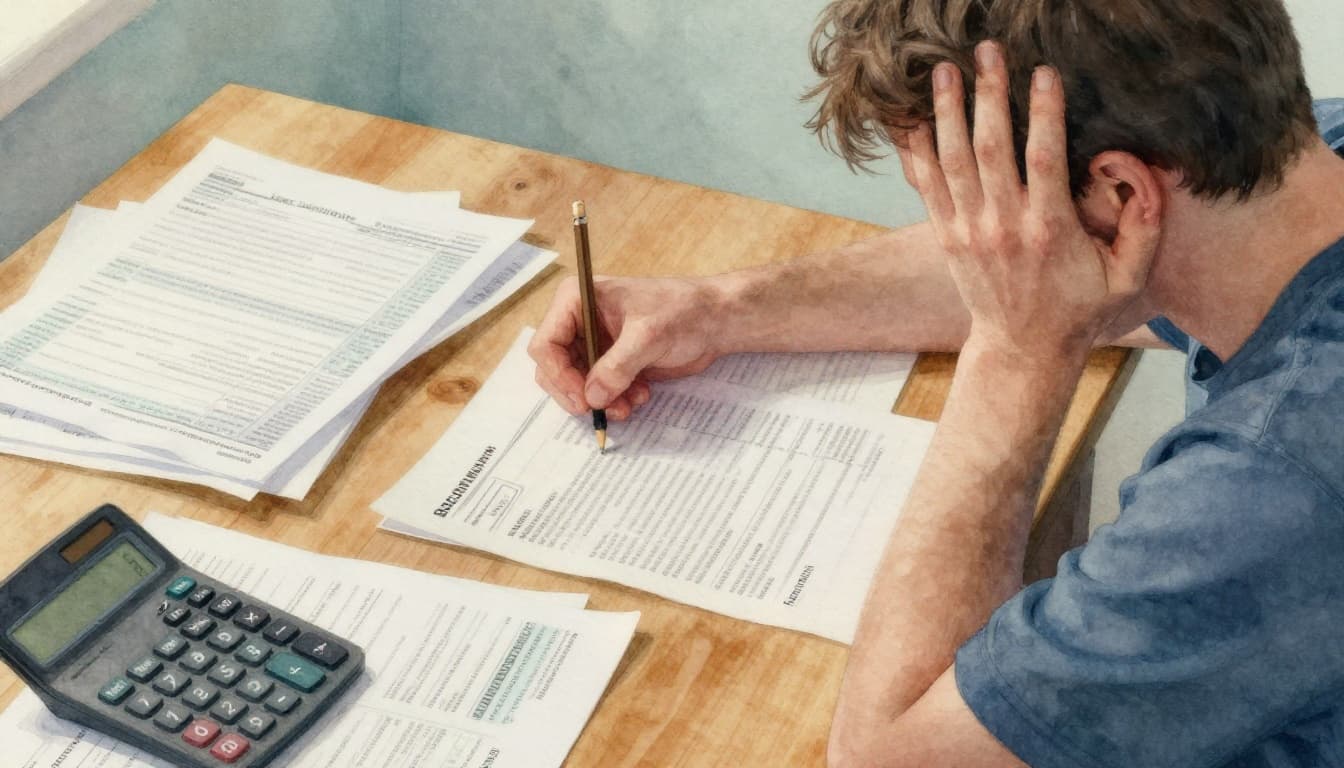 Watercolor style illustration of one adult person sitting at a cluttered wooden desk with tax forms, W-2 slips, and a calculator displaying a wrong total, looking confused with hand on forehead.