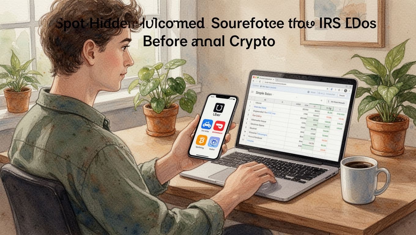 A young adult sits at a cozy home office desk, examining a smartphone with ride-sharing, delivery, and crypto wallet apps, while an open laptop displays an earnings spreadsheet; watercolor style in warm earth tones.