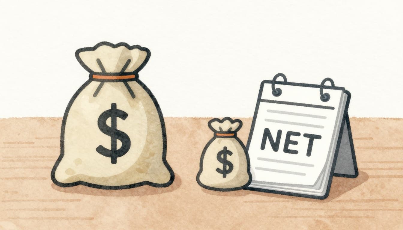 Side-by-side watercolor icons of a full money bag representing gross income and a smaller bag for net income, with a simple ledger book in between on a minimalist desk.