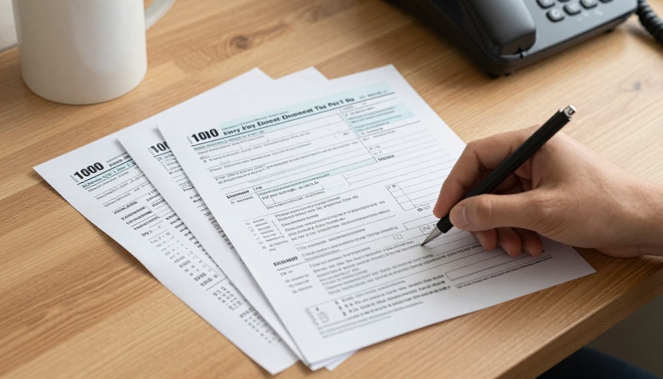 An organized stack of key tax forms like W-2, 1099-NEC, and 1099-INT sits on a clean wooden home office desk next to a phone, with one hand gently placing a form on top in soft daylight lighting and realistic photo style.