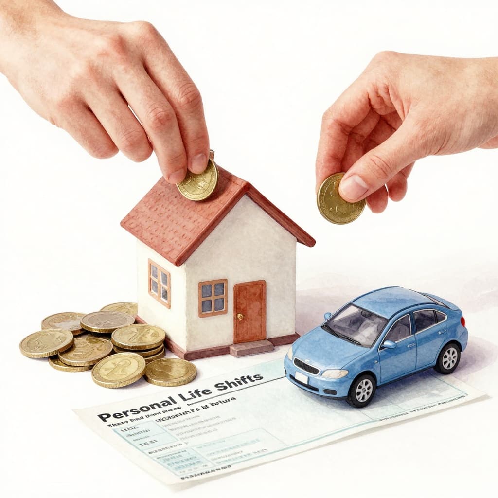 Close-up of hands placing coins into a piggy bank shaped like a house, next to a small model car and paycheck stub, in soft daylight with watercolor style featuring soft blending and visible brush texture, no people, no text, focus on objects.