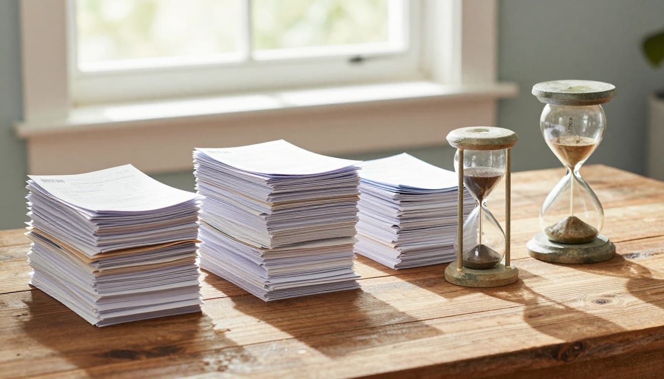 Neat stacks of folded tax documents, receipts, and bank statements on a rustic wooden desk, each beside symbolic timers: short hourglass for 3 years, taller for 6 years, even taller for 7 years, and infinity loop for indefinite, in watercolor style with warm daylight and subtle shadows.