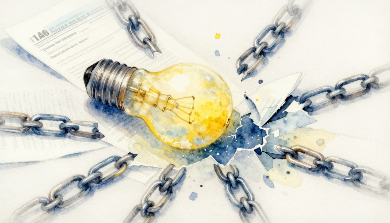 Watercolor style image of a lightbulb shattering myths with chains breaking around tax documents, symbolizing busted tax myths. Soft blended colors in blues and yellows, visible brushwork, simple composition on neutral background.