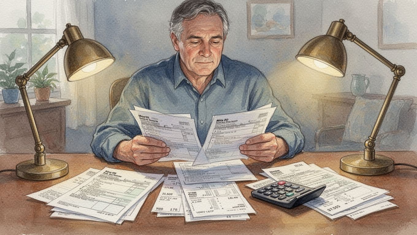 Middle-aged adult thoughtfully reviews tax forms, pay stubs, and calculator at a cozy home desk under warm lamp light, rendered in watercolor style with soft blending.