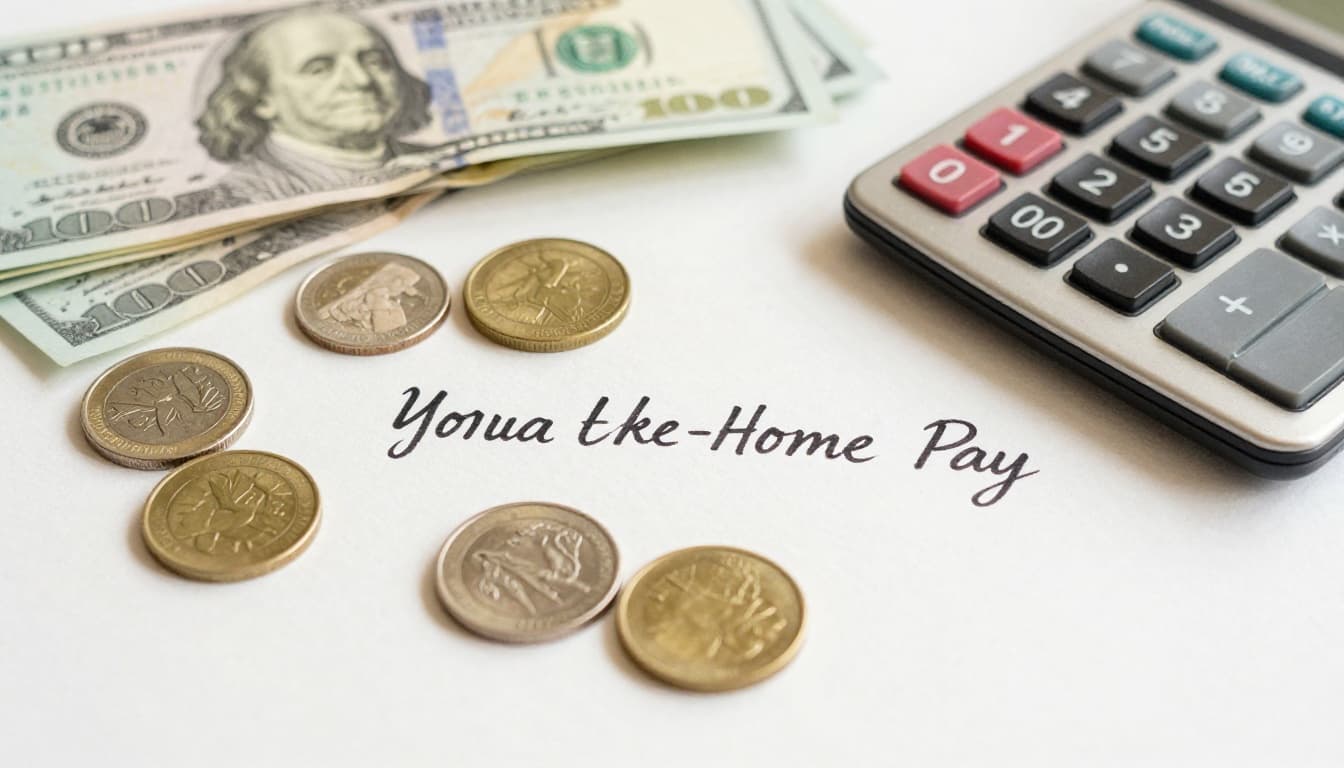 Close-up watercolor illustration of an open wallet on a table filled with cash bills and coins, next to a calculator and notepad, with subtle background bills and receipts, focusing on net income.