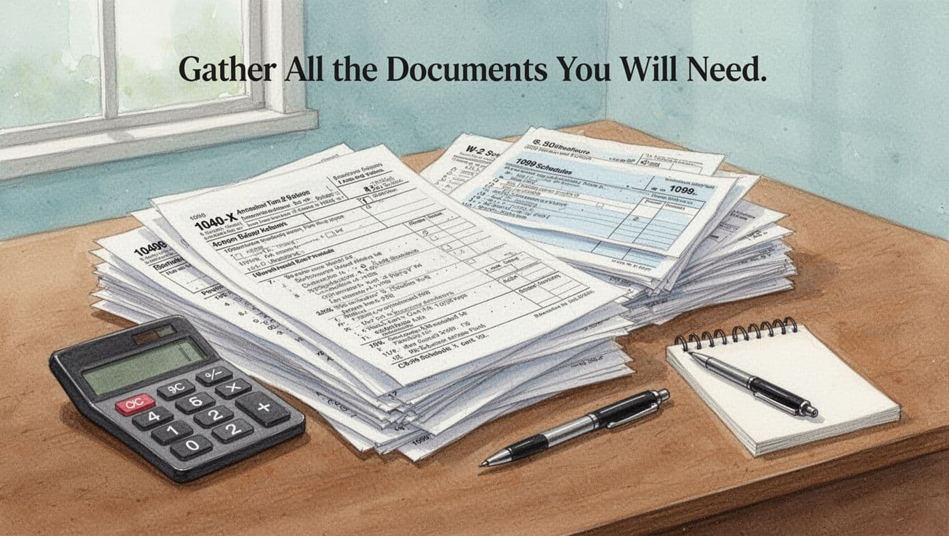 Neat stack of tax forms including 1040-X, W-2s, 1099s, and schedules arranged on a wooden desk surface with a calculator, pen, and notepad nearby, in watercolor style with soft natural light. Centered composition emphasizing organized documents for tax return amendment preparation.