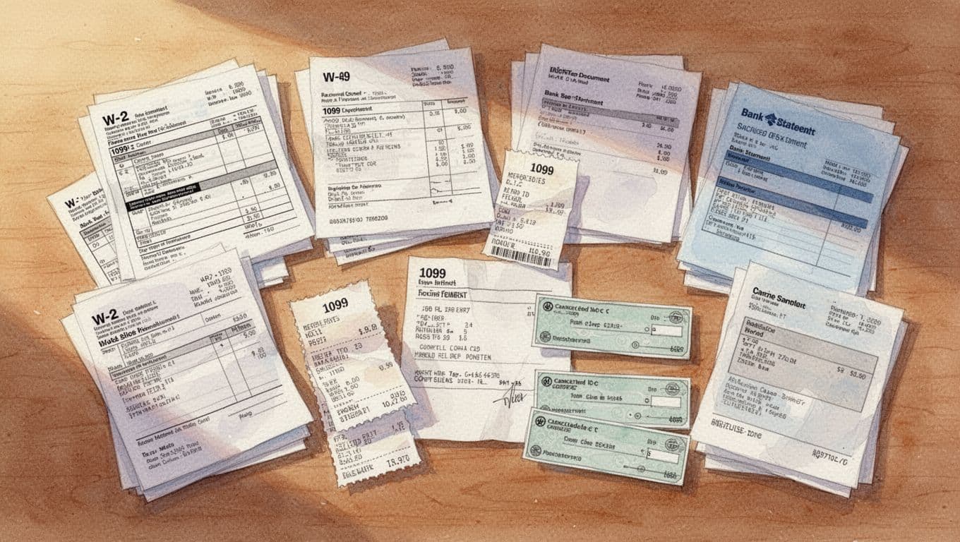 Watercolor illustration featuring an organized selection of key tax documents like W-2 forms, 1099s, receipts, invoices, canceled checks, and bank statements spread across a wooden desk in a top-down composition with warm daylight lighting and soft brush textures.