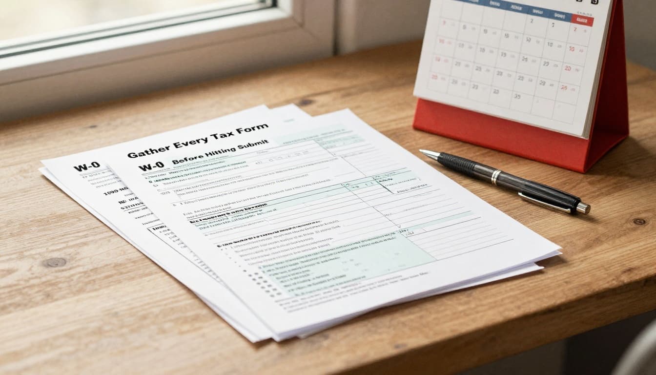 A watercolor-style stack of blank tax forms including W-2, 1099-NEC, 1099-INT, and 1099-B on a wooden desk beside a tax deadline calendar and pen, illuminated by soft morning light with warm earth tones.