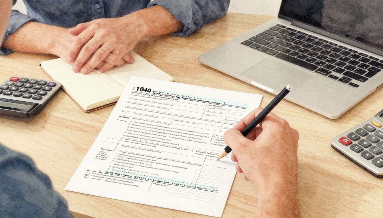 A relaxed person at a cozy home desk holds a pencil over Form 1040, with calculator, notepad, and closed laptop nearby, in watercolor style with warm indoor lighting.