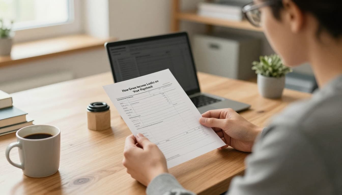 A young professional sits at a wooden desk in a home office, holding and examining a paycheck stub with relaxed hands. Watercolor style features soft blending, brush texture, warm neutrals, and natural window light, with a coffee mug nearby.
