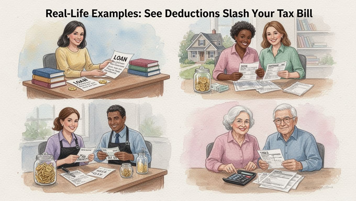 Watercolor illustration of diverse everyday people in tax savings scenarios including a teacher with loan papers, couple reviewing mortgage and bills, tipped server, and senior couple with forms, arranged in a four-panel composition with soft pastel colors and brush strokes.