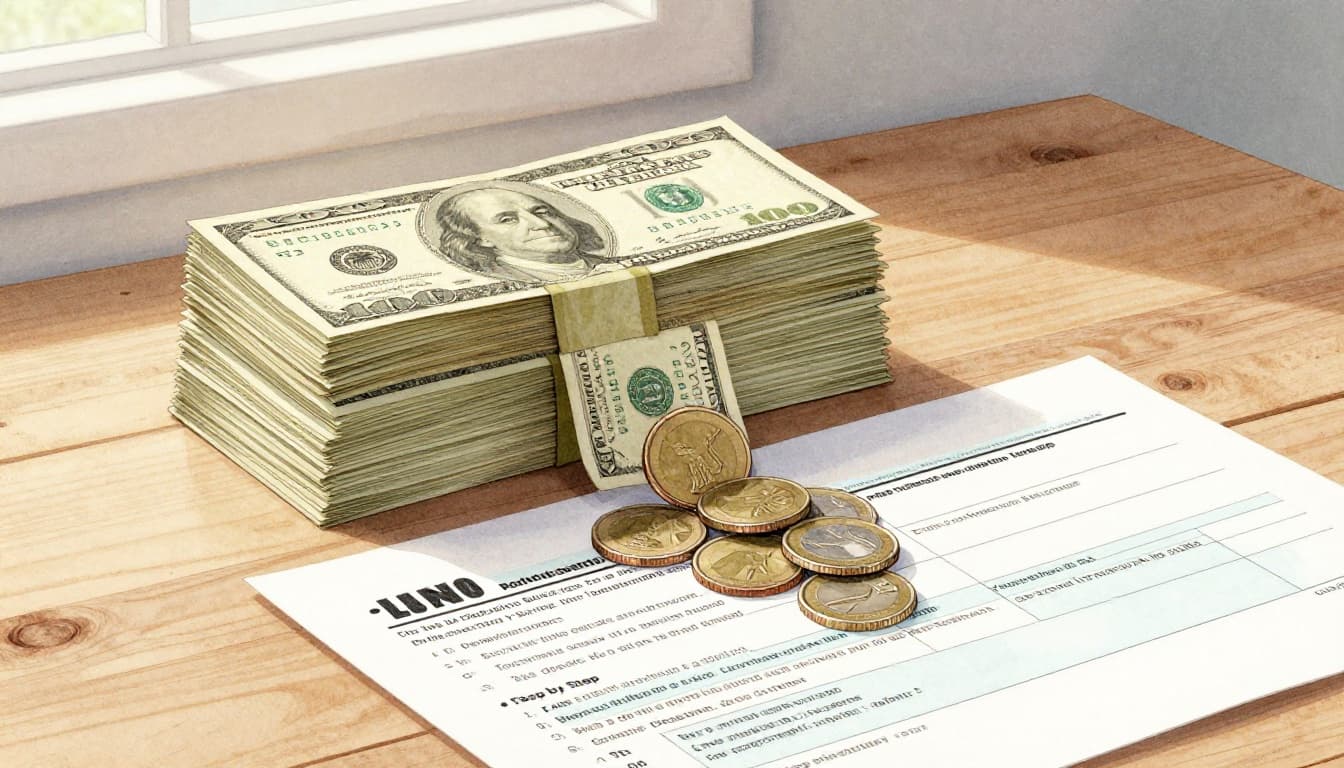 Stack of dollar bills on a wooden desk next to tax forms, shrinking with coins falling out into a pile below, watercolor style with soft blending and warm tones.