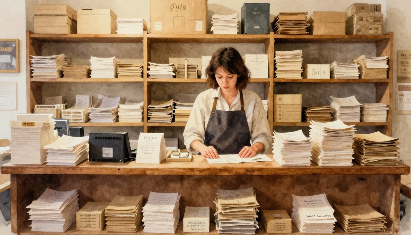 A watercolor-style illustration of a small business owner standing behind a cozy shop counter, hands resting on the surface, surrounded by stacks of sales receipts and product shelves under warm lighting, representing gross income from sales.