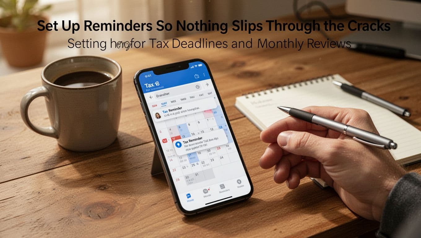 Smartphone on a wooden desk displaying calendar app with tax reminder notifications, next to coffee mug and notepad with pen in cozy home office, warm natural lighting, realistic photo.