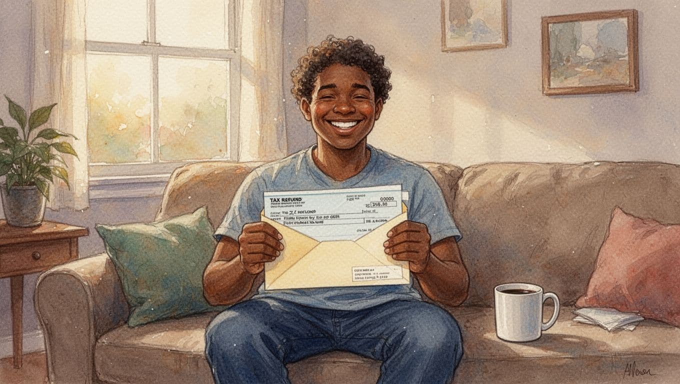 Smiling low-income worker in modest living room holds open envelope with visible tax refund check, relaxed on couch with coffee mug, watercolor style.