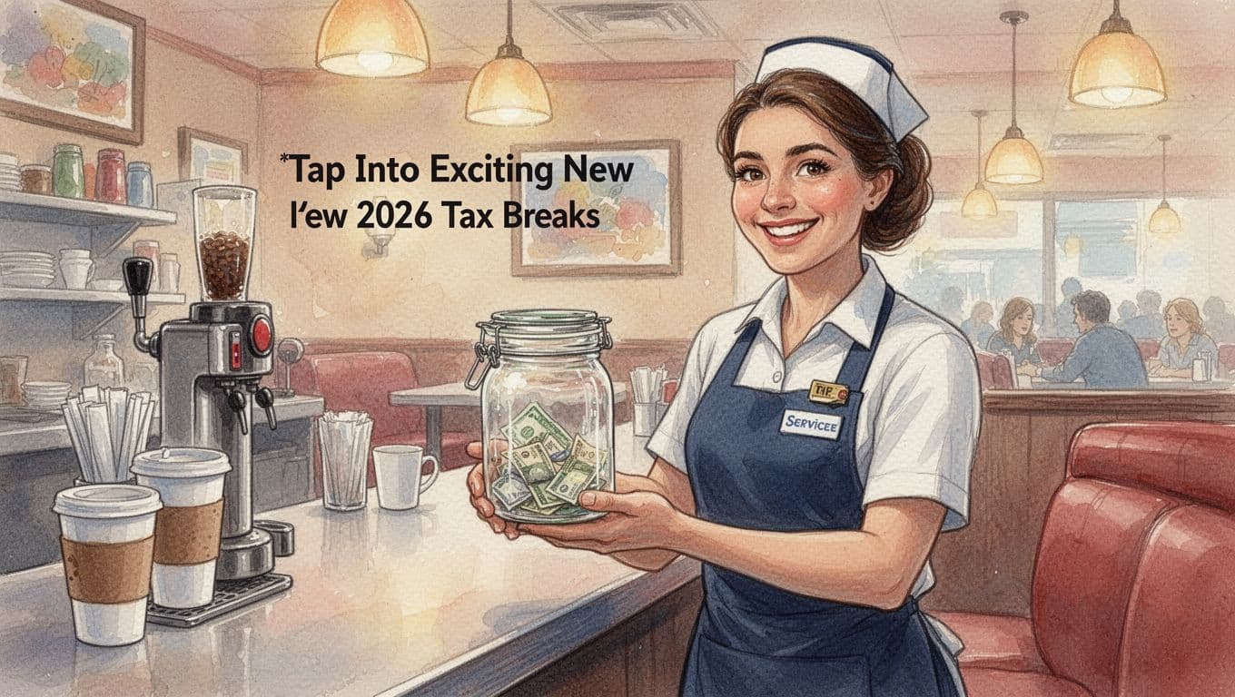 A cheerful waitress holds a tip jar while smiling in a cozy diner with coffee cups on the counter and warm lighting, rendered in watercolor style with soft blending and brush textures.