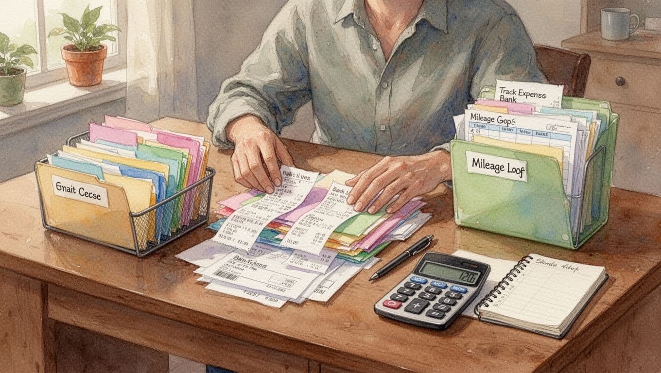 A person sits at a wooden desk in a cozy home office, sorting colorful receipts, bank statements, and mileage logs into labeled folders with a calculator and notebook nearby, in watercolor style with warm daylight.
