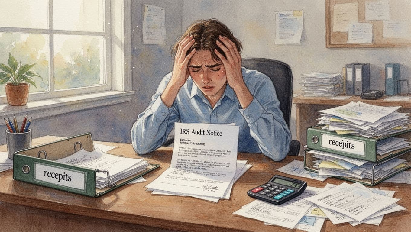 A solo business owner in a cluttered home office clutches his head in worry at a desk with an open IRS audit notice, empty receipts folders, and scattered papers, painted in watercolor style with warm daylight.
