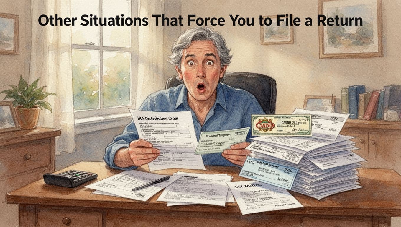 Middle-aged person with surprised expression sits at a wooden desk in a cozy home office, looking at a stack of tax-related documents including IRA distribution form, casino winnings check, household employee paycheck, foreign bank statement, and tax notice, in watercolor style with soft blending and warm daylight.