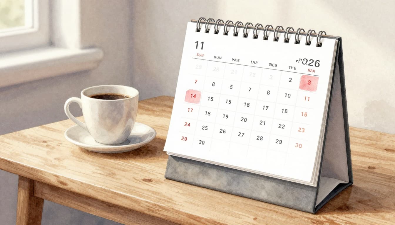 Open wooden desk calendar flipped to February and April 2026 with key dates like Feb 1 and April 15 highlighted by red pen marks, coffee mug nearby, in watercolor style with natural light.
