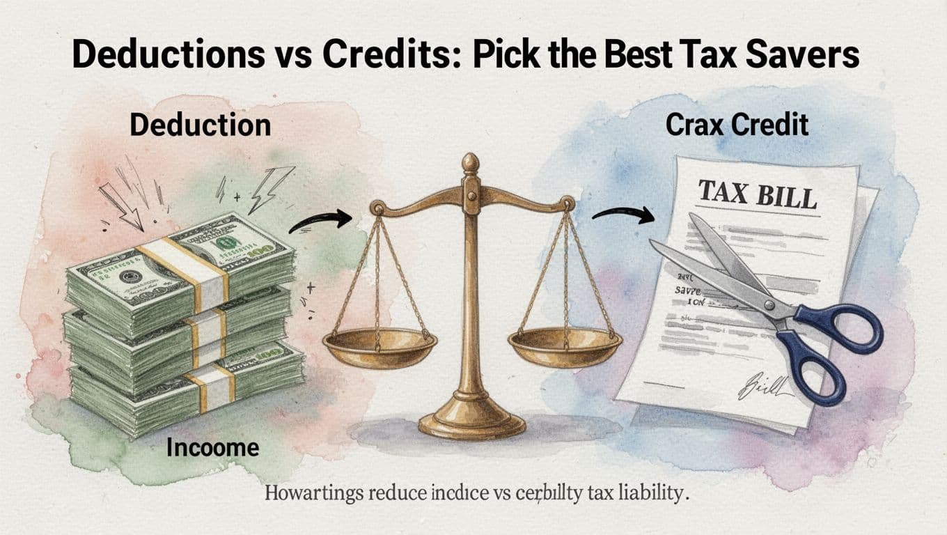 Watercolor style illustration comparing tax deductions reducing a stack of dollar bills (income) on the left and tax credits cutting a tax bill with scissors on the right, centered with a balance scale weighing savings, in soft pastel colors with brush strokes.