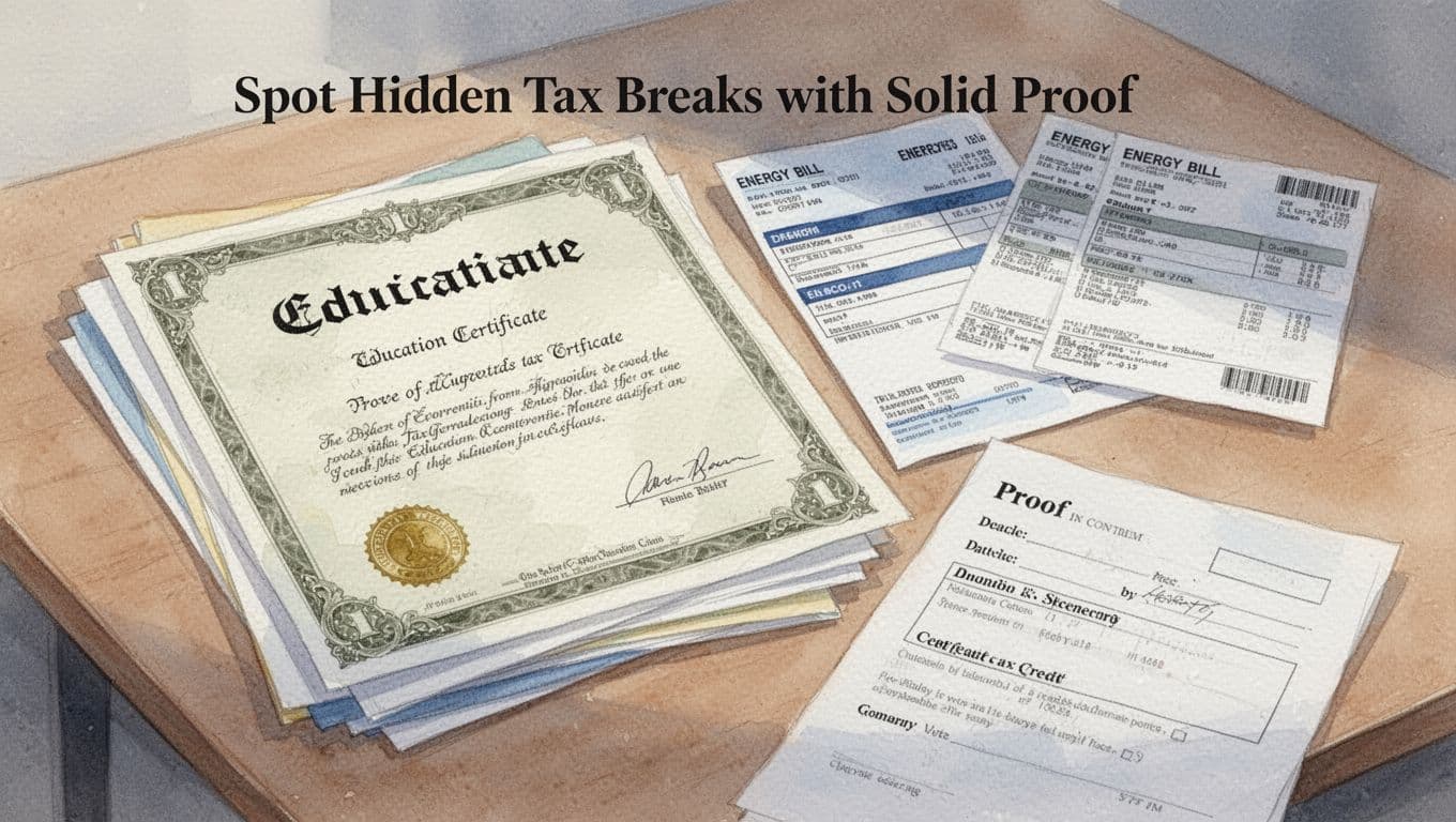 Close-up watercolor illustration of organized files and documents on a table, including education certificates, energy bill receipts, and proof forms with soft shadows implying tax credit claims.