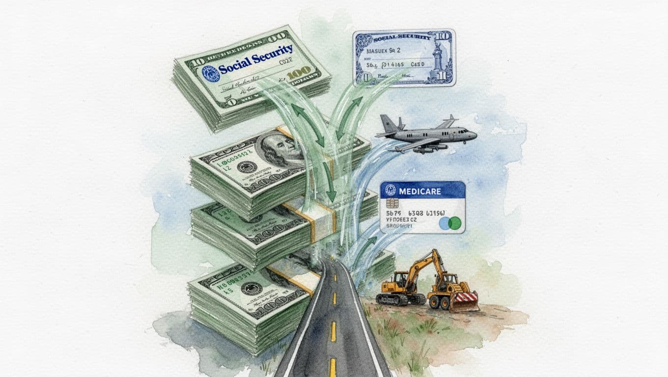 Watercolor painting of a stack of US dollar bills morphing into icons of public services like Social Security check, military jet, Medicare card, and road construction, symbolizing tax money flow in soft green and blue tones on a white background.