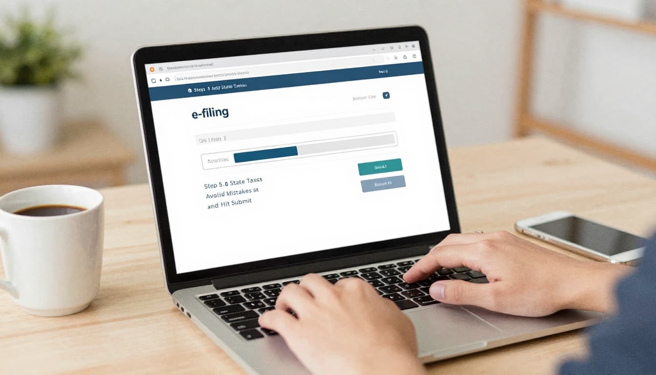 Watercolor illustration of a laptop screen showing an e-filing taxes progress bar in a home office, with relaxed hands on the keyboard, coffee cup, and phone nearby under soft evening light.