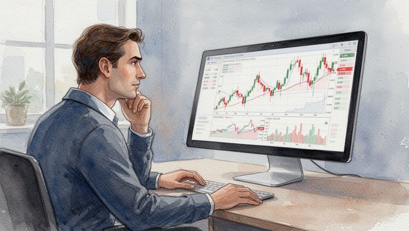 Thoughtful investor at home office desk views computer screen with abstract stock charts featuring red loss and green gain lines, in watercolor style with soft blending and brush texture.