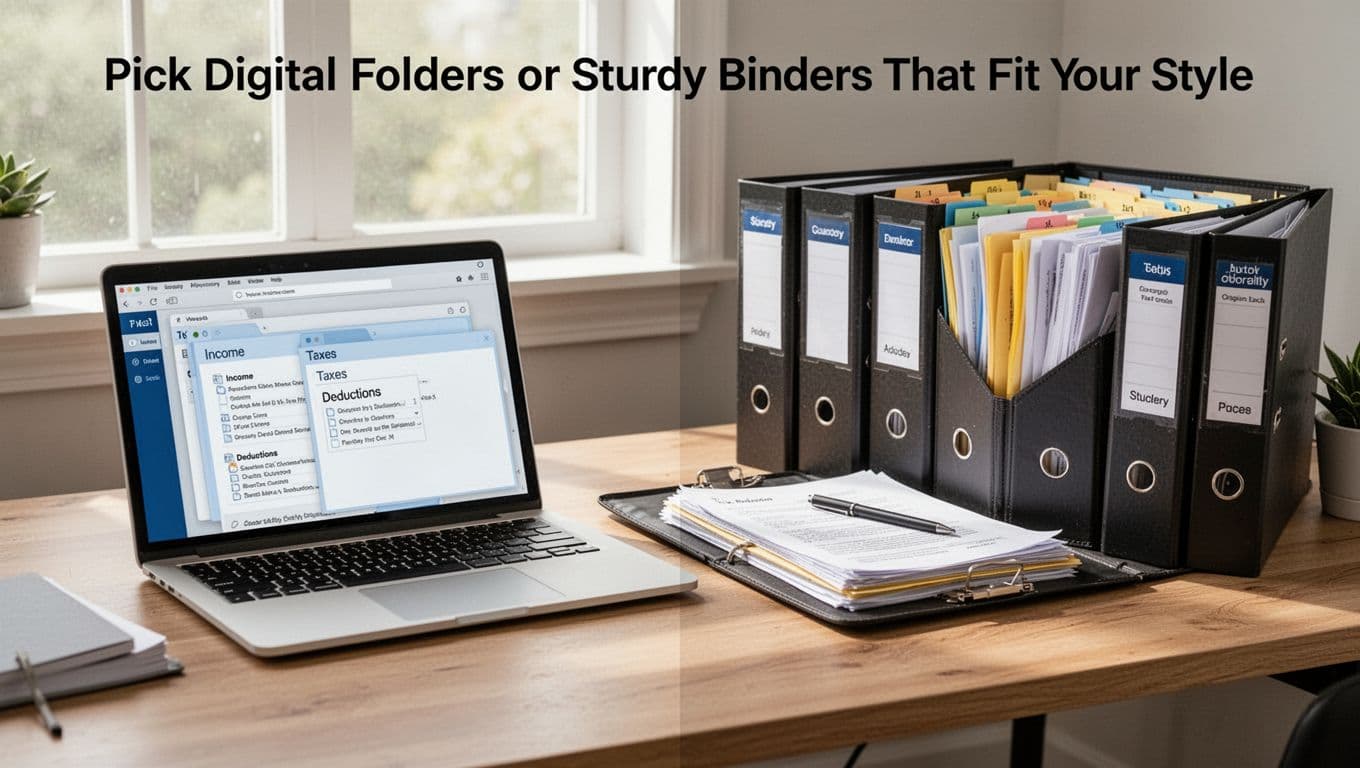 A clean home office desk features a laptop displaying tax file folders like Income and Deductions alongside sturdy labeled binders with organized papers, illuminated by natural daylight from a window.