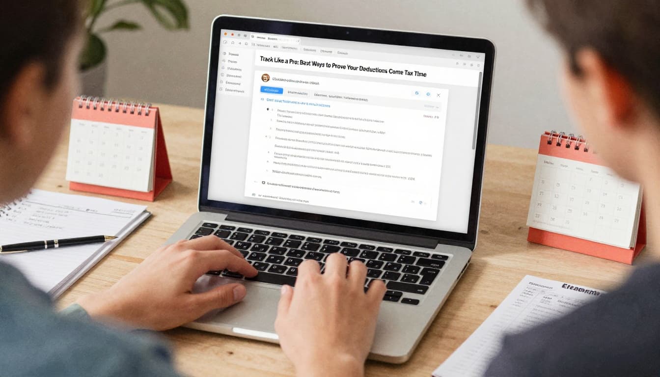 Person at desk organizing receipts with laptop showing blurred accounting app, calendar and mileage log nearby; organized office in soft evening light, watercolor style with brush texture.