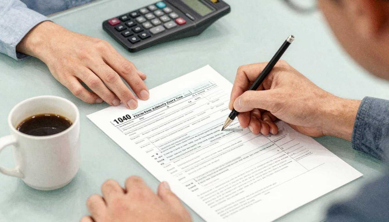 Taxpayer at a home desk filling out Form 1040-X with pencil resting on paper, calculator and coffee mug beside, focused expression under warm lamp light. Watercolor style with soft blending, visible brush texture, muted earth tones on pale blue-green background.