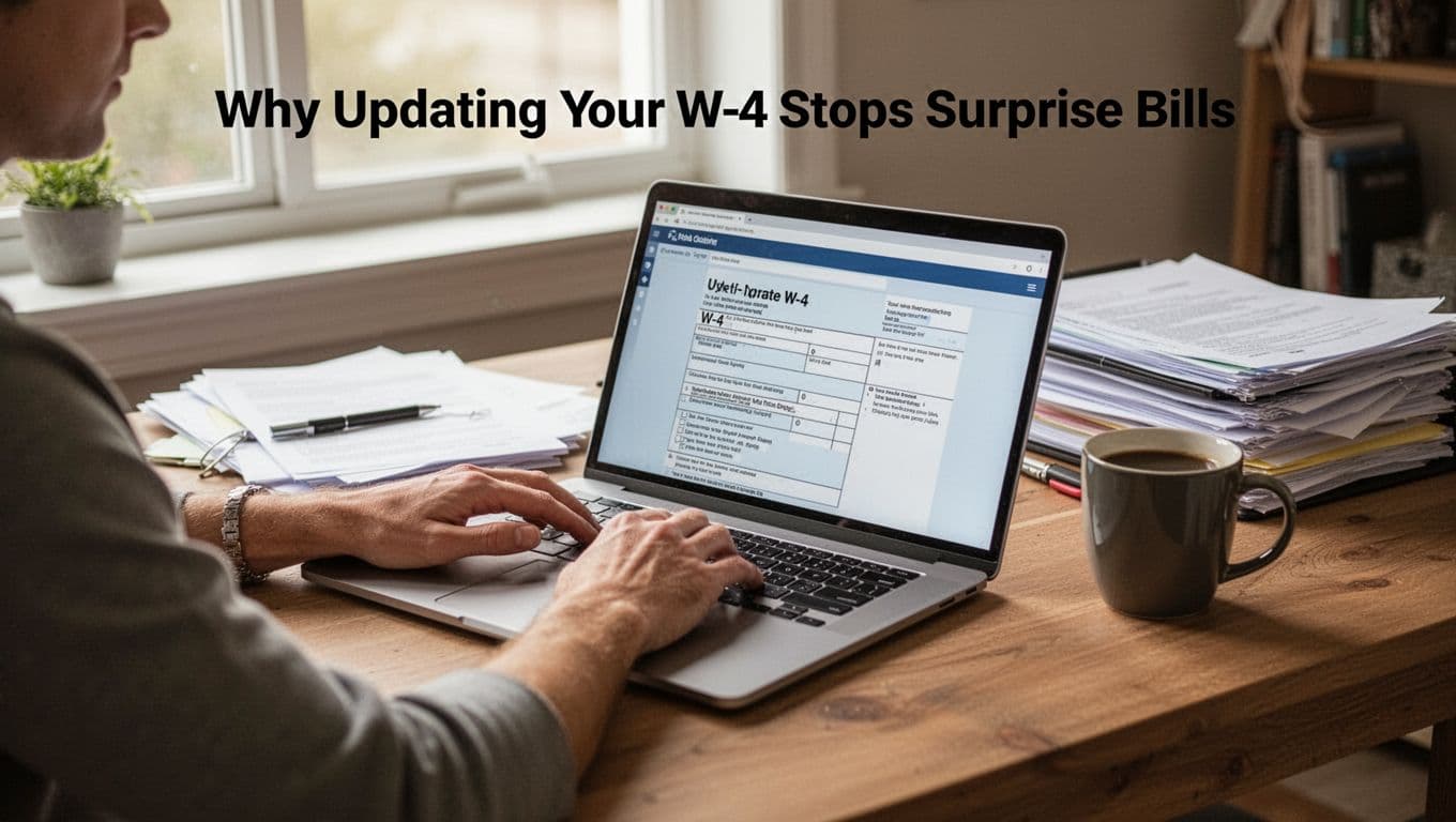 One person at a home desk uses a laptop to update their W-4 tax form online, with relaxed hands on the keyboard, coffee mug nearby, organized papers in the background, and natural window light in realistic photo style.