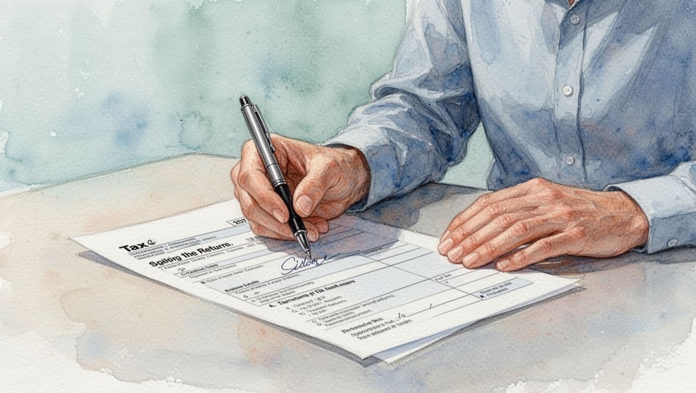 Watercolor illustration featuring one adult at a simple desk, hand naturally holding pen over tax form ready to sign, focused expression, soft natural light, and pale blue-green background.