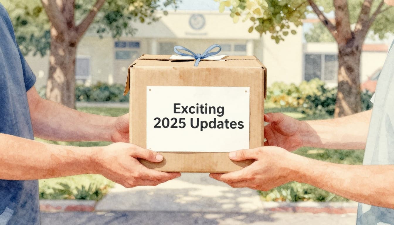 Watercolor scene of a person handing a donation box to a charity volunteer outside a community center, featuring warm sunlight, trees, relaxed hands, soft brush strokes, and pastel palette.