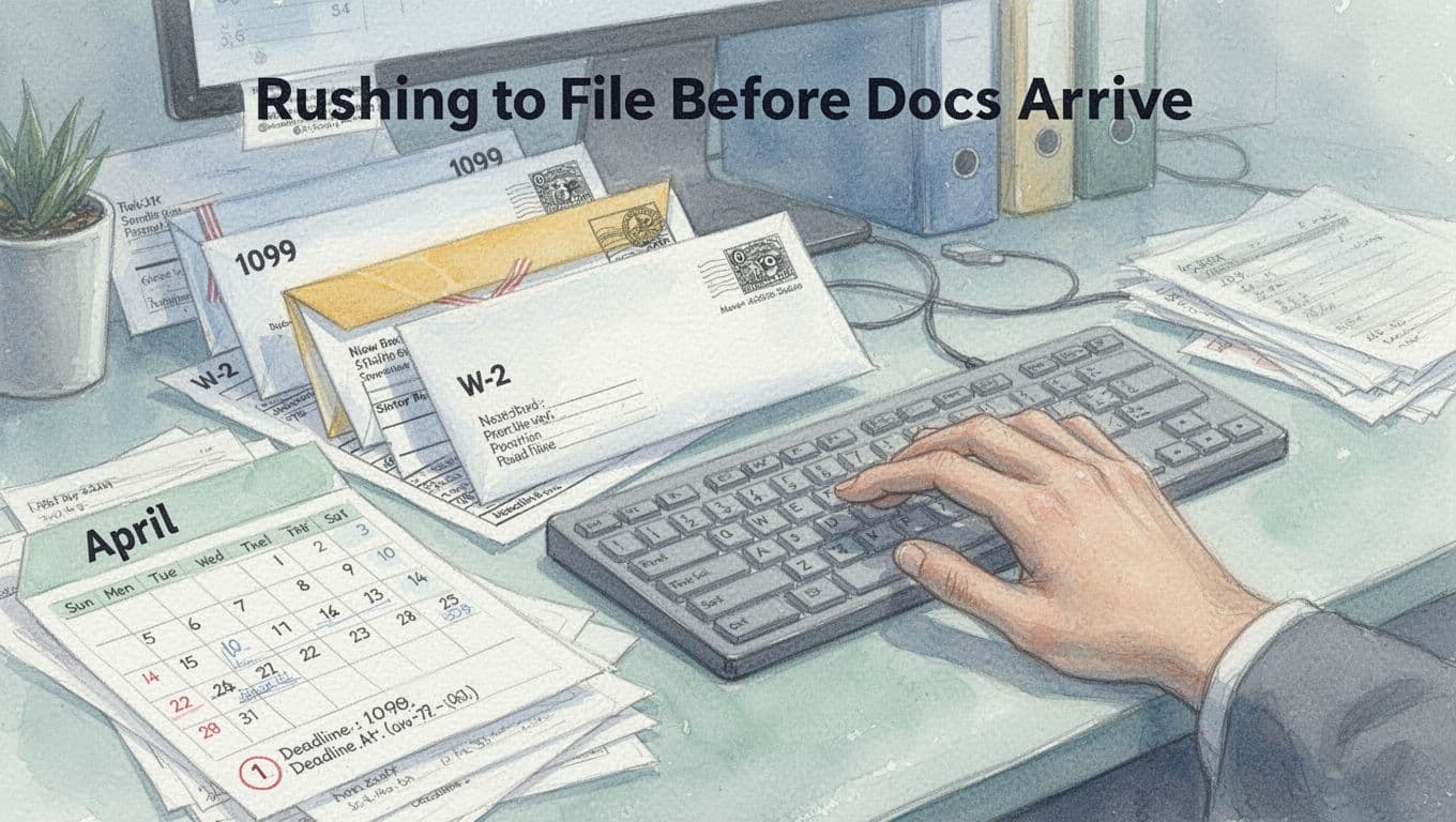 Watercolor style close-up of a cluttered desk with unopened W-2 and 1099 envelopes spilling out, an April deadline calendar, and a single relaxed hand hesitating over a keyboard in pale blue-green tones.