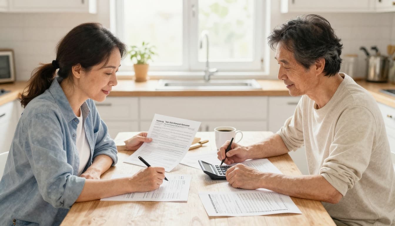 Watercolor painting of a middle-aged couple seated at a kitchen table, reviewing tax forms and a calculator under soft natural window light. They display relaxed expressions with hands resting on the table, surrounded by papers and a coffee mug, featuring visible brush textures and pastel tones.